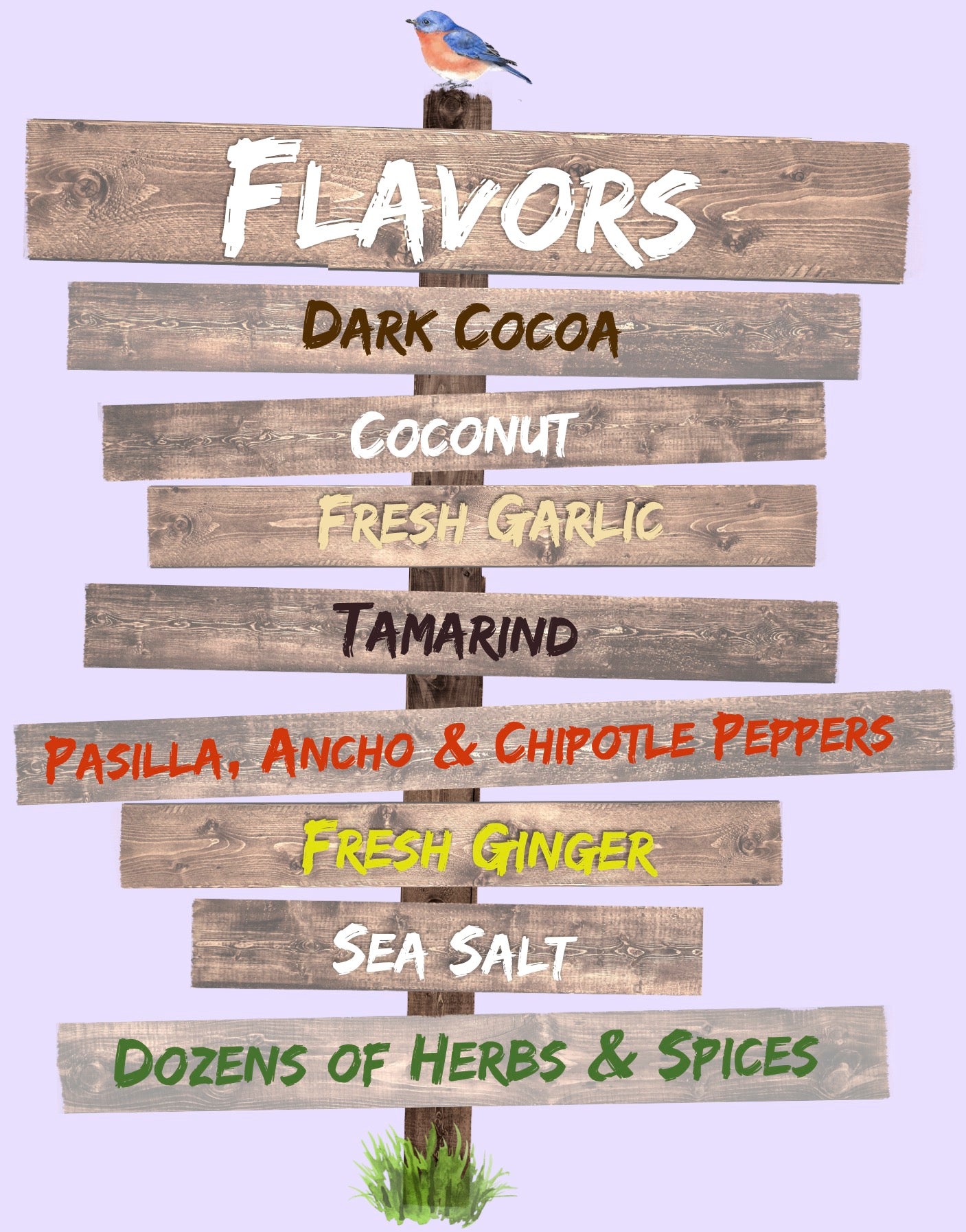 Sign listing Papa's ingredients: Flavors: Dark Cocoa, Coconut, Fresh Garlic, Tamarind, Pasilla, Ancho & Chipotle peppers, Fresh Ginger, Sea Salt and Dozens of Herbs & spices.