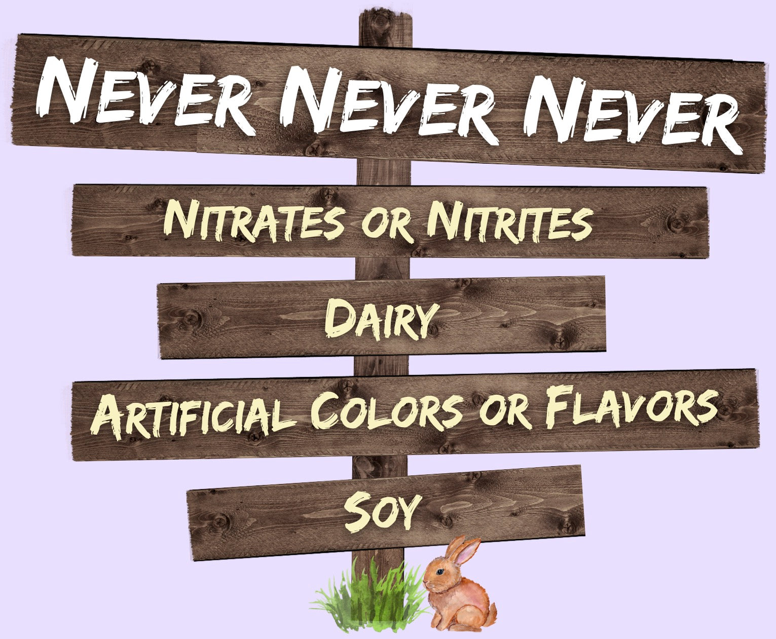 Wooden Signs saying "Never, Never, Never: Nitrates or Nitrites, Dairy, Artifical Colors or Flavors, or Soy.