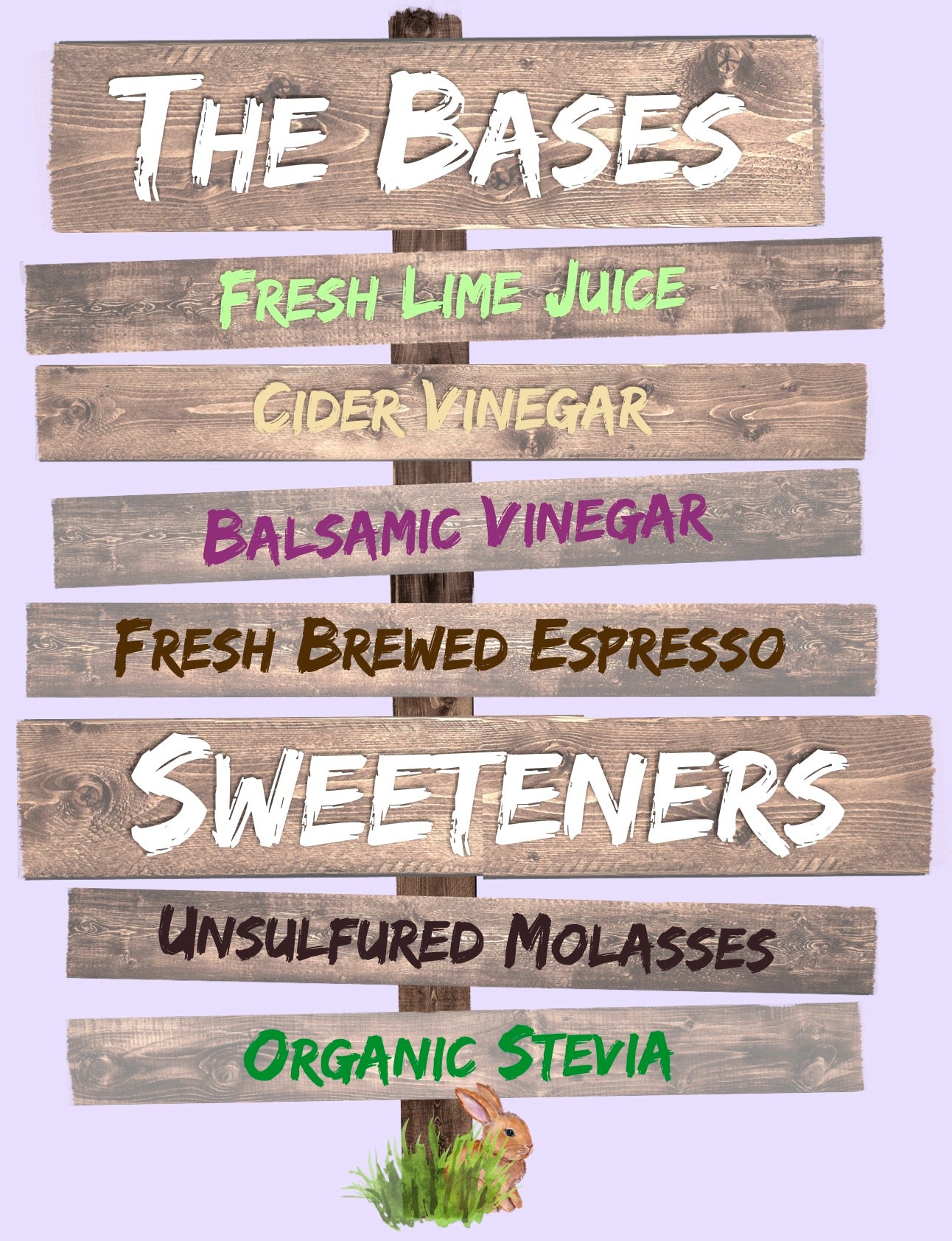 Signs Listing Papa's ingredients: The Bases: fresh lime juice, cider vinegar, fresh brewed espresso, & balsamic vinegar. And Sweeteners; unsulfured molasses & Organic Stevia.